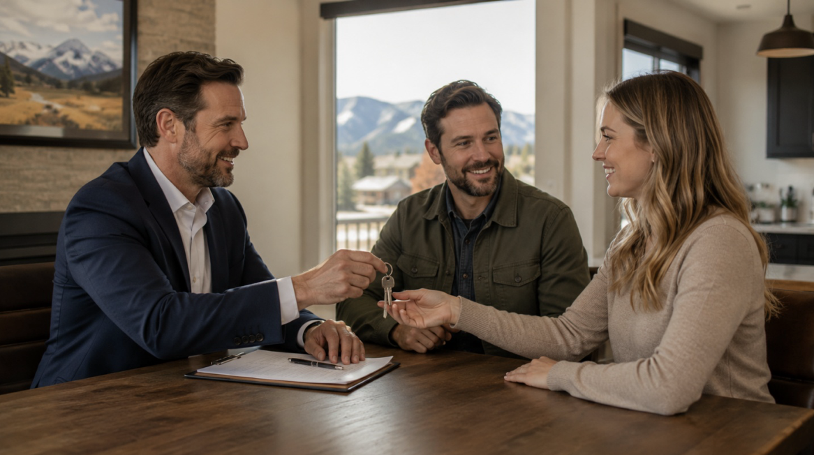 Property manager handing keys to new tenant after landlord rescue process