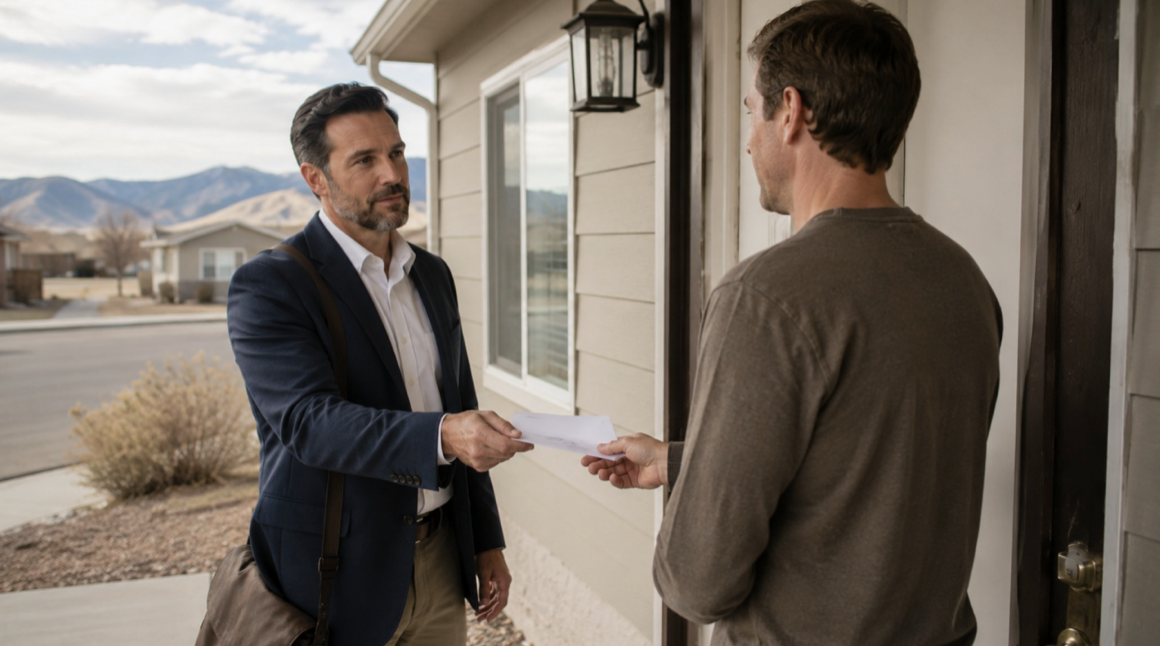 Professional property manager delivering notice at rental property