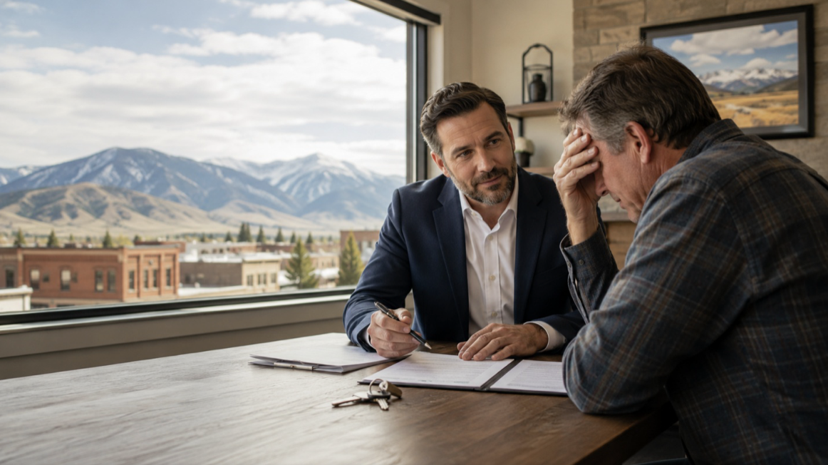 Property manager helping stressed landlord with rental documents in Park County Wyoming